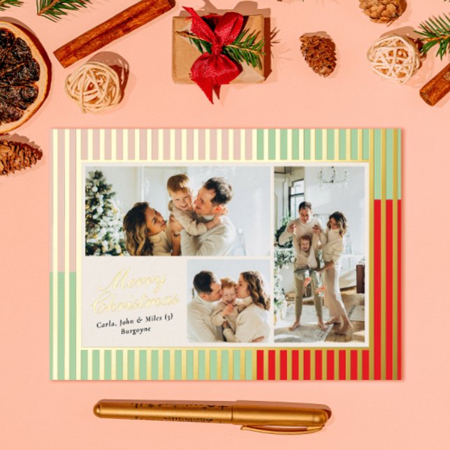 Modern Pink Red Green Striped Photo Foil Holiday Card (Creator Uploaded)
