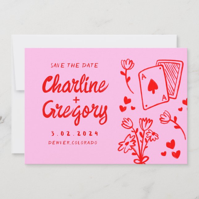 Modern Pink &Red Handwriting Wedding Save the Date Invitation (Front)