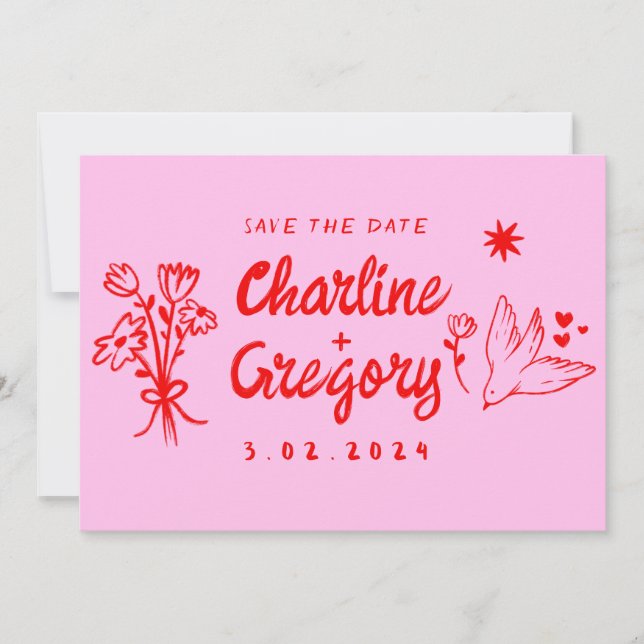 Modern Pink &Red Handwriting Wedding Save the Date Invitation (Front)