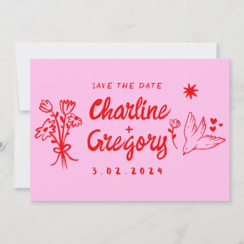 Modern Pink Red Handwriting Wedding Save the Date Invitation