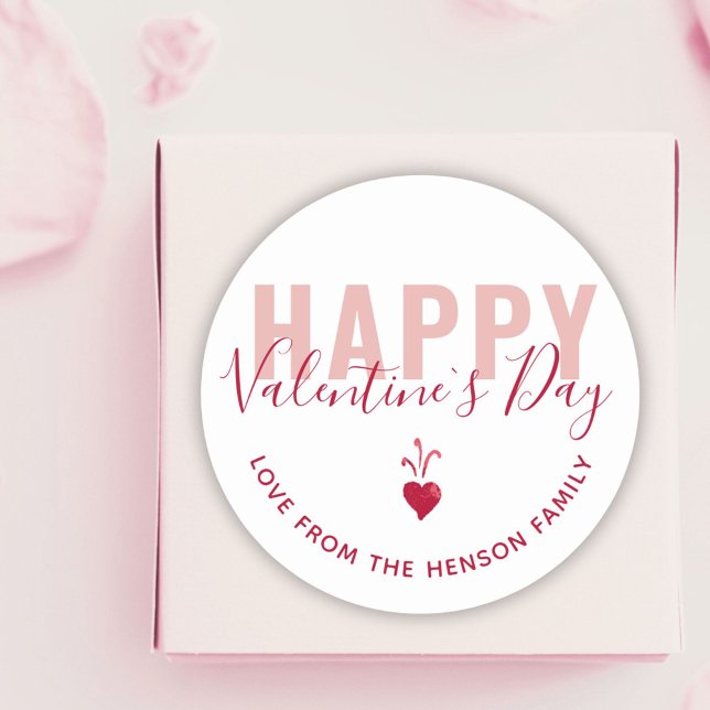 Modern Pink Red Heart Happy Valentine`s Day Script Classic Round Sticker (Creator Uploaded)