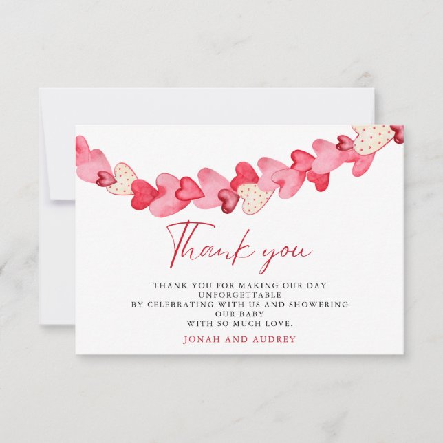 Modern Pink Red Hearts Baby Shower  Thank You Card (Front)