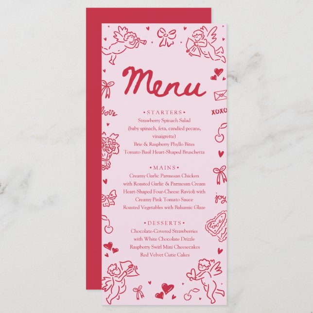 Modern Pink Red Hearts Hand Drawn Valentine Menu (Front/Back)