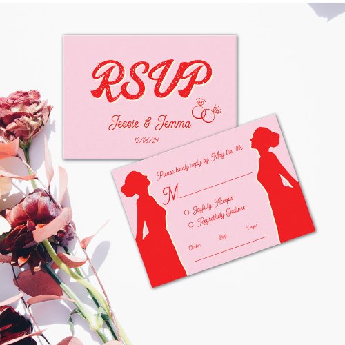 Modern Pink  Red Lesbian Wedding RSVP 