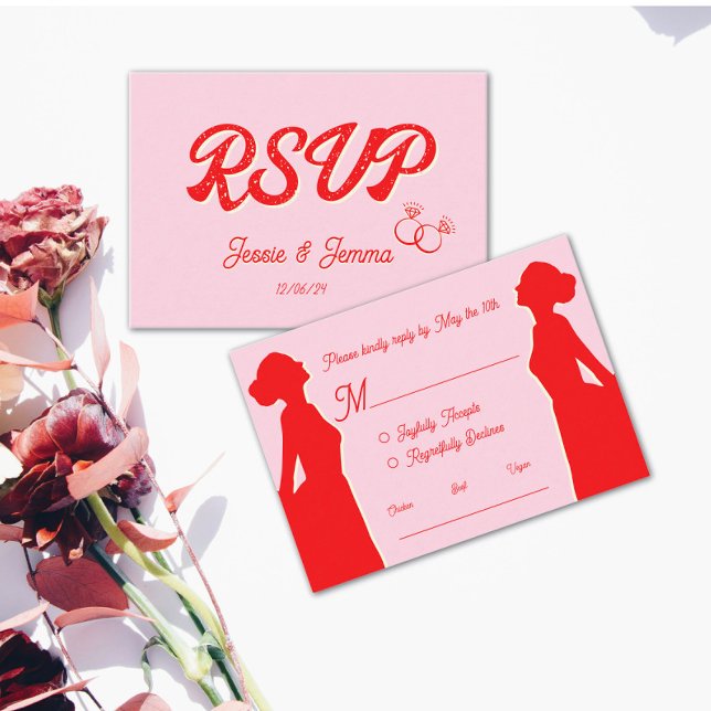 Modern Pink & Red Lesbian Wedding RSVP  Card (Creator Uploaded)