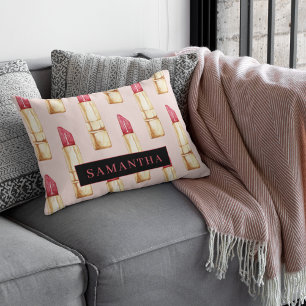 Modern Pink & Red Lipstick Pattern Girly With Name Accent Pillow