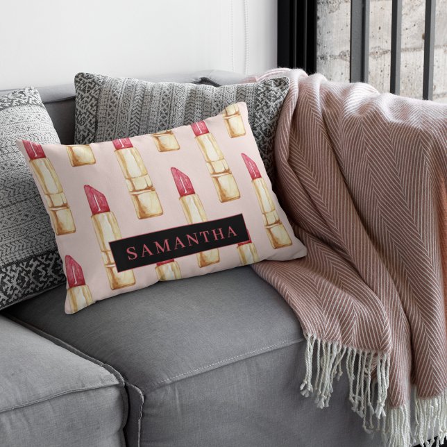 Modern Pink & Red Lipstick Pattern Girly With Name Accent Pillow (Creator Uploaded)