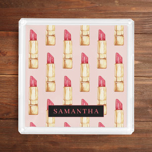 Modern Pink & Red Lipstick Pattern Girly With Name Acrylic Tray