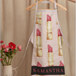 Modern Pink & Red Lipstick Pattern Girly With Name Apron<br><div class="desc">Modern Pink & Red Lipstick Pattern Girly With Name</div>