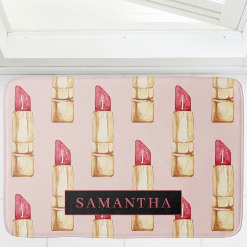 Modern Pink  Red Lipstick Pattern Girly With Name Bath Mat