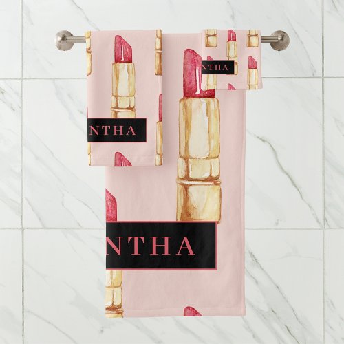 Modern Pink  Red Lipstick Pattern Girly With Name Bath Towel Set