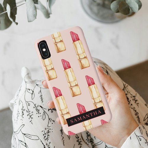 Modern Pink  Red Lipstick Pattern Girly With Name iPhone XS Max Case