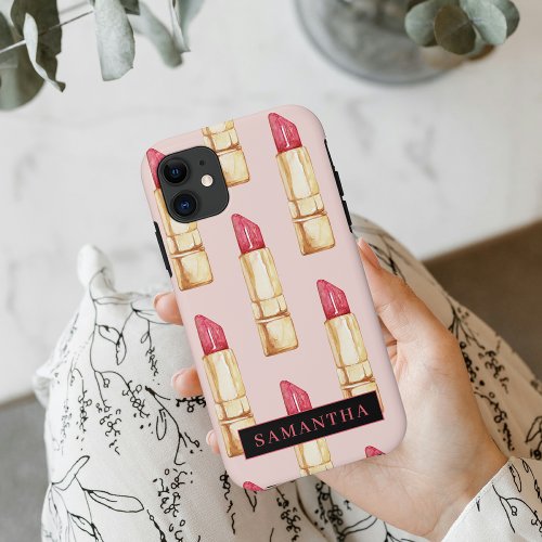 Modern Pink  Red Lipstick Pattern Girly With Name iPhone 11 Case