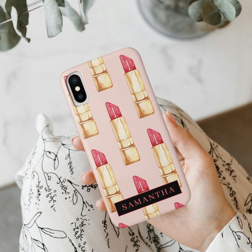 Modern Pink  Red Lipstick Pattern Girly With Name iPhone XS Case