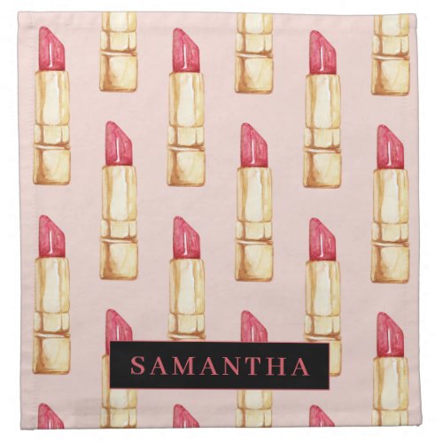 Modern Pink  Red Lipstick Pattern Girly With Name Cloth Napkin