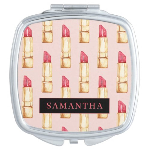 Modern Pink  Red Lipstick Pattern Girly With Name Compact Mirror