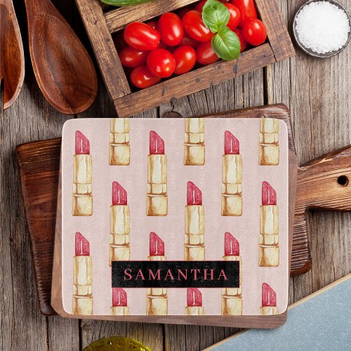 Modern Pink  Red Lipstick Pattern Girly With Name Cutting Board