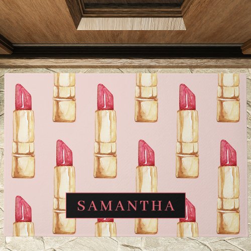 Modern Pink  Red Lipstick Pattern Girly With Name Doormat