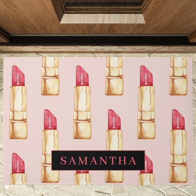 Modern Pink & Red Lipstick Pattern Girly With Name Doormat (Creator Uploaded)