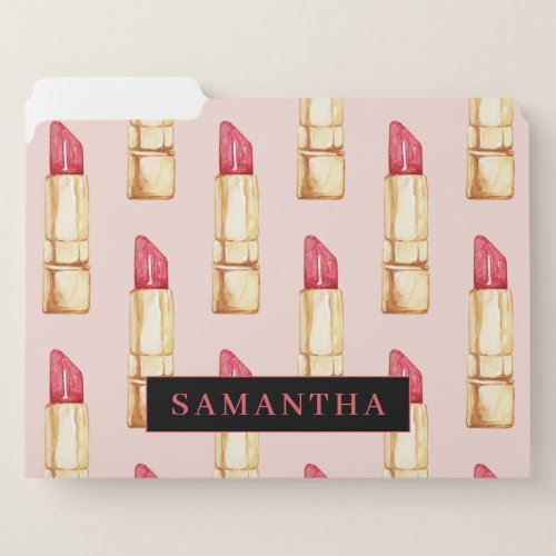 Modern Pink  Red Lipstick Pattern Girly With Name File Folder