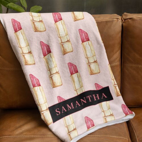 Modern Pink  Red Lipstick Pattern Girly With Name Fleece Blanket