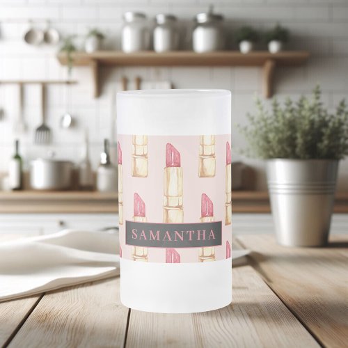 Modern Pink  Red Lipstick Pattern Girly With Name Frosted Glass Beer Mug