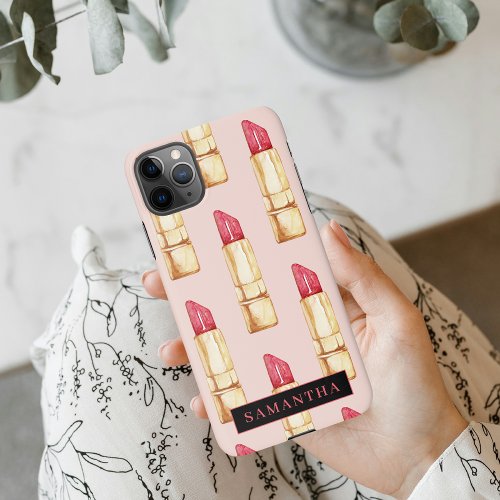 Modern Pink  Red Lipstick Pattern Girly With Name iPhone 11Pro Max Case