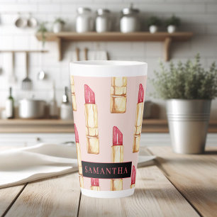 Modern Pink & Red Lipstick Pattern Girly With Name Latte Mug