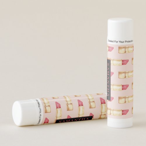 Modern Pink  Red Lipstick Pattern Girly With Name Lip Balm