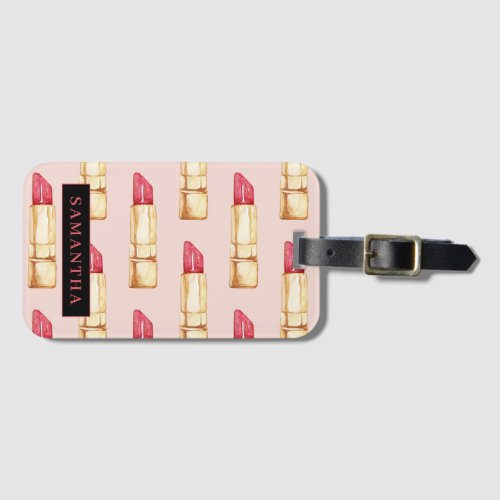 Modern Pink  Red Lipstick Pattern Girly With Name Luggage Tag
