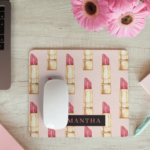 Modern Pink  Red Lipstick Pattern Girly With Name Mouse Pad