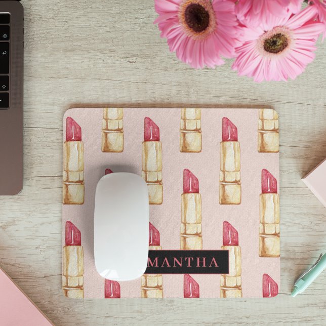 Modern Pink & Red Lipstick Pattern Girly With Name Mouse Pad (Creator Uploaded)