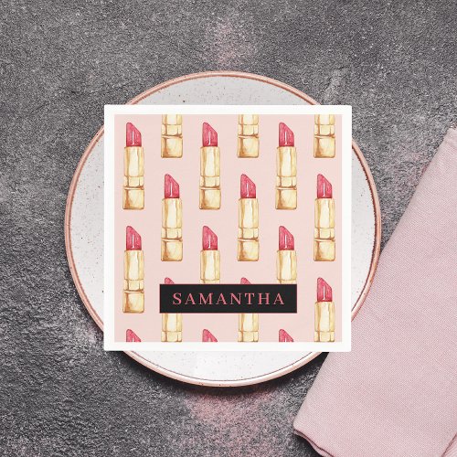 Modern Pink  Red Lipstick Pattern Girly With Name Napkins