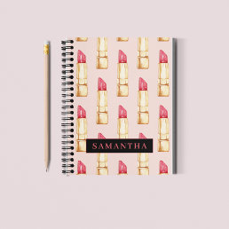 Modern Pink &amp; Red Lipstick Pattern Girly With Name Notebook