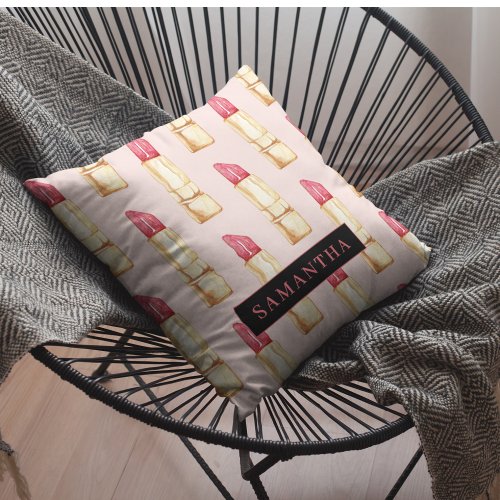 Modern Pink  Red Lipstick Pattern Girly With Name Outdoor Pillow