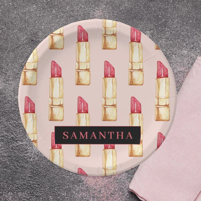 Modern Pink & Red Lipstick Pattern Girly With Name Paper Plates (Creator Uploaded)