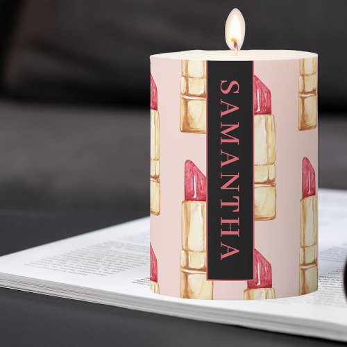 Modern Pink  Red Lipstick Pattern Girly With Name Pillar Candle