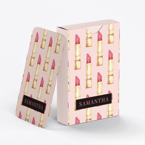 Modern Pink  Red Lipstick Pattern Girly With Name Playing Cards