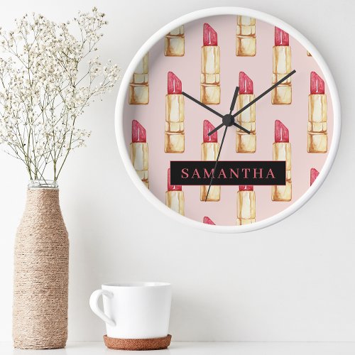 Modern Pink  Red Lipstick Pattern Girly With Name Round Clock