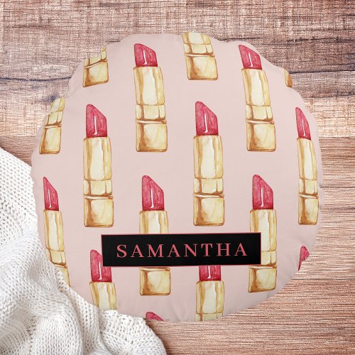 Modern Pink  Red Lipstick Pattern Girly With Name Round Pillow