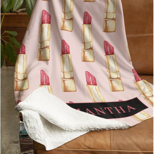 Modern Pink  Red Lipstick Pattern Girly With Name Sherpa Blanket
