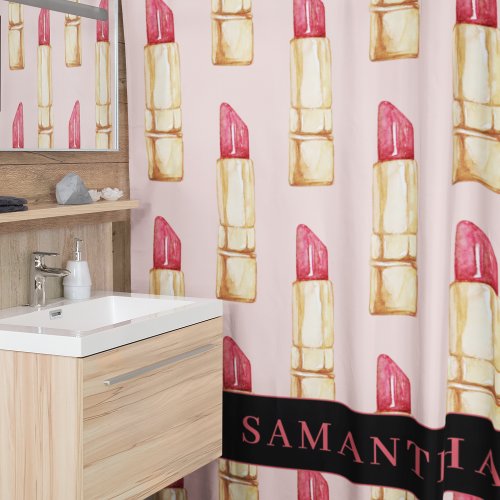 Modern Pink  Red Lipstick Pattern Girly With Name Shower Curtain