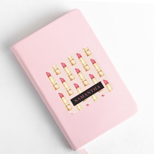 Modern Pink & Red Lipstick Pattern Girly With Name Square Sticker (Creator Uploaded)