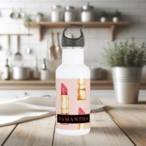 Modern Pink  Red Lipstick Pattern Girly With Name Stainless Steel Water Bottle