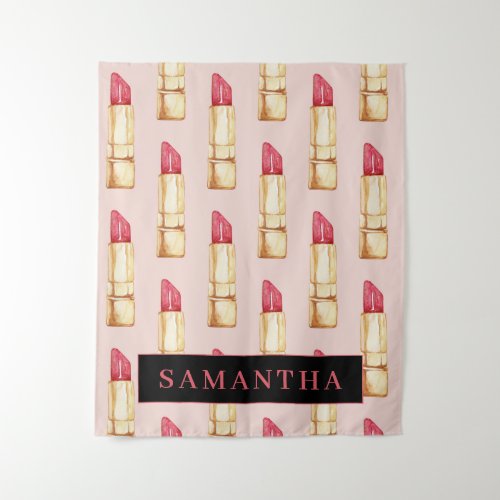 Modern Pink  Red Lipstick Pattern Girly With Name Tapestry