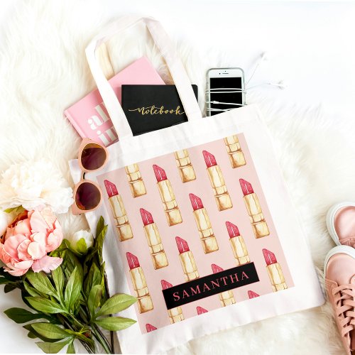 Modern Pink  Red Lipstick Pattern Girly With Name Tote Bag