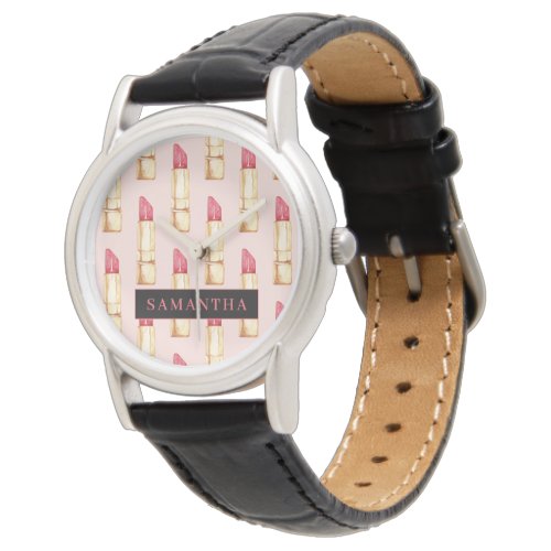 Modern Pink  Red Lipstick Pattern Girly With Name Watch