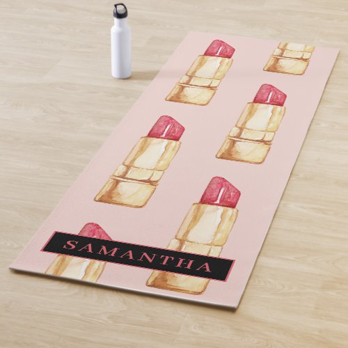 Modern Pink  Red Lipstick Pattern Girly With Name Yoga Mat