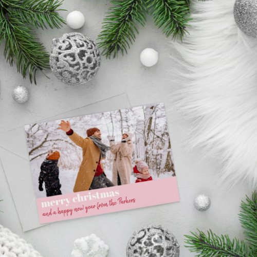 Modern Pink Red Merry Christmas Wide Photo Holiday Card
