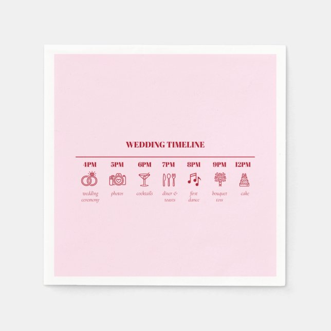 Modern Pink Red Minimal Wedding Timeline Details Napkins (Front)